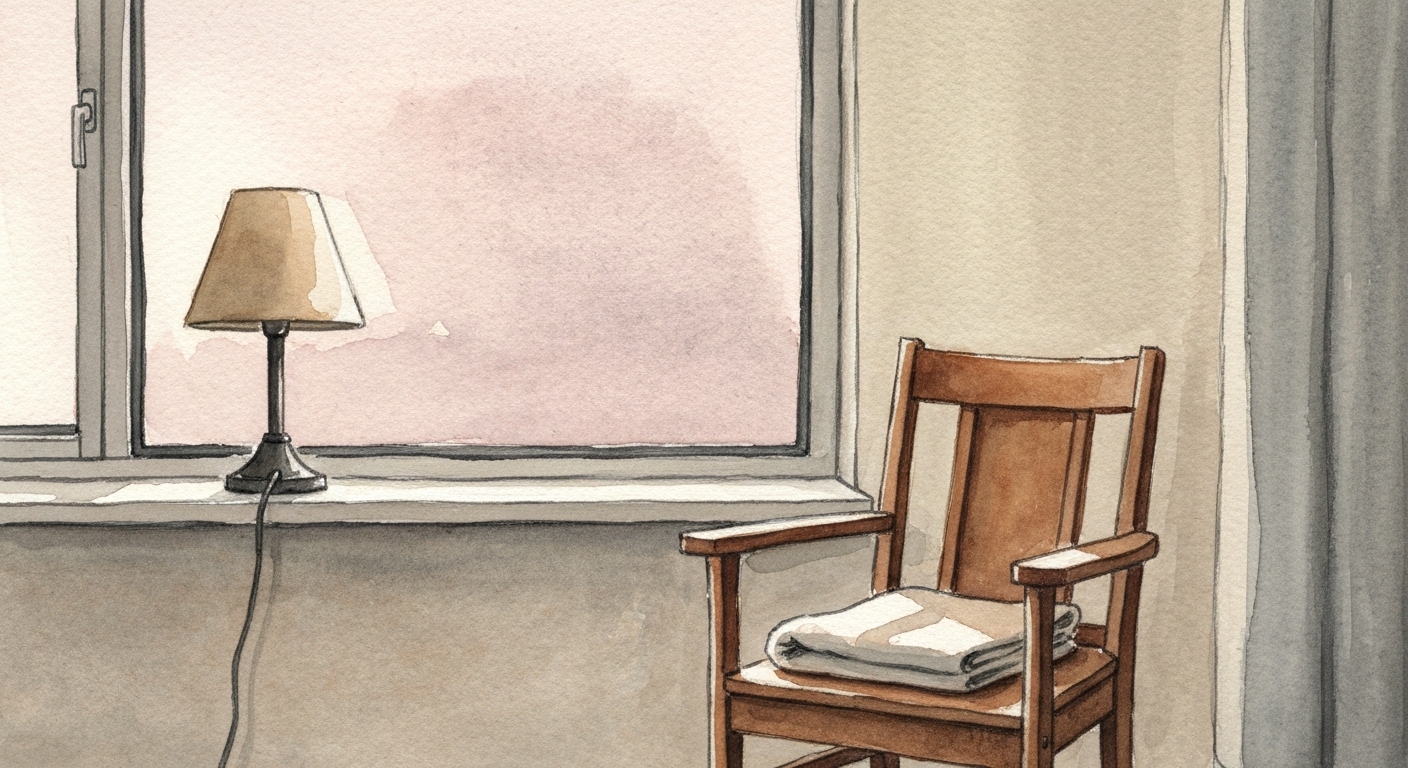 Ein Krankenhausfenster am frühen Abend, Licht fällt auf einen leeren Stuhl