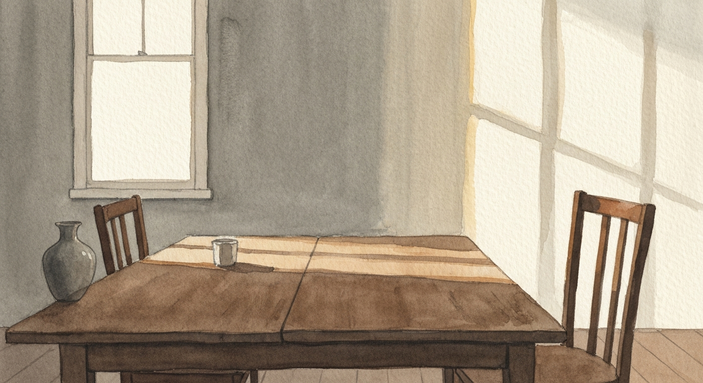 Ein alter Esstisch mit zwei Stühlen, schräges Abendlicht durch ein Fenster