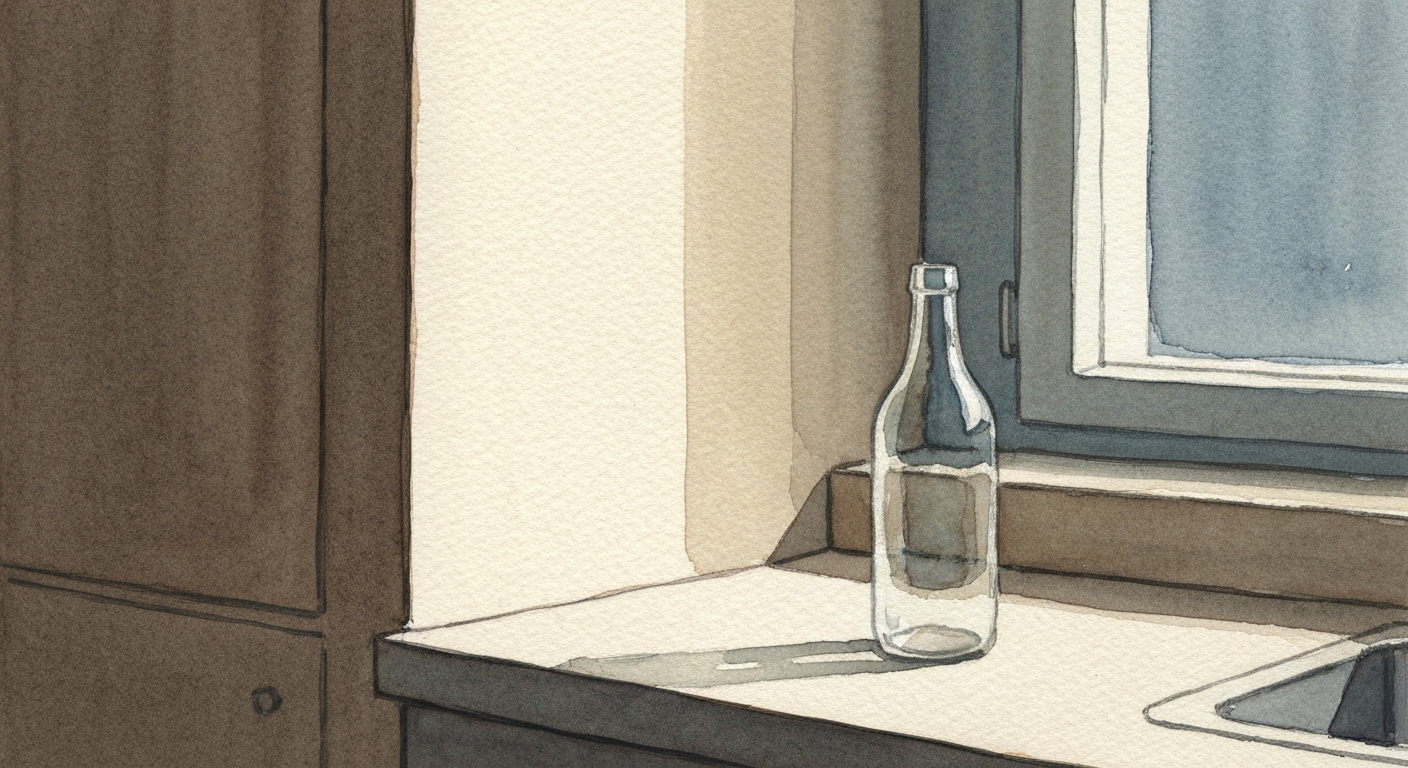 Eine Küche im Dämmerlicht, eine halb gefüllte Flasche auf der Arbeitsplatte