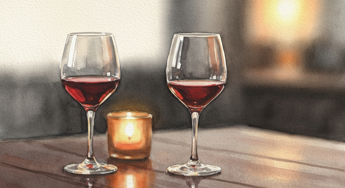 Zwei halb geleerte Weingläser auf einem hölzernen Tisch, Abendlicht