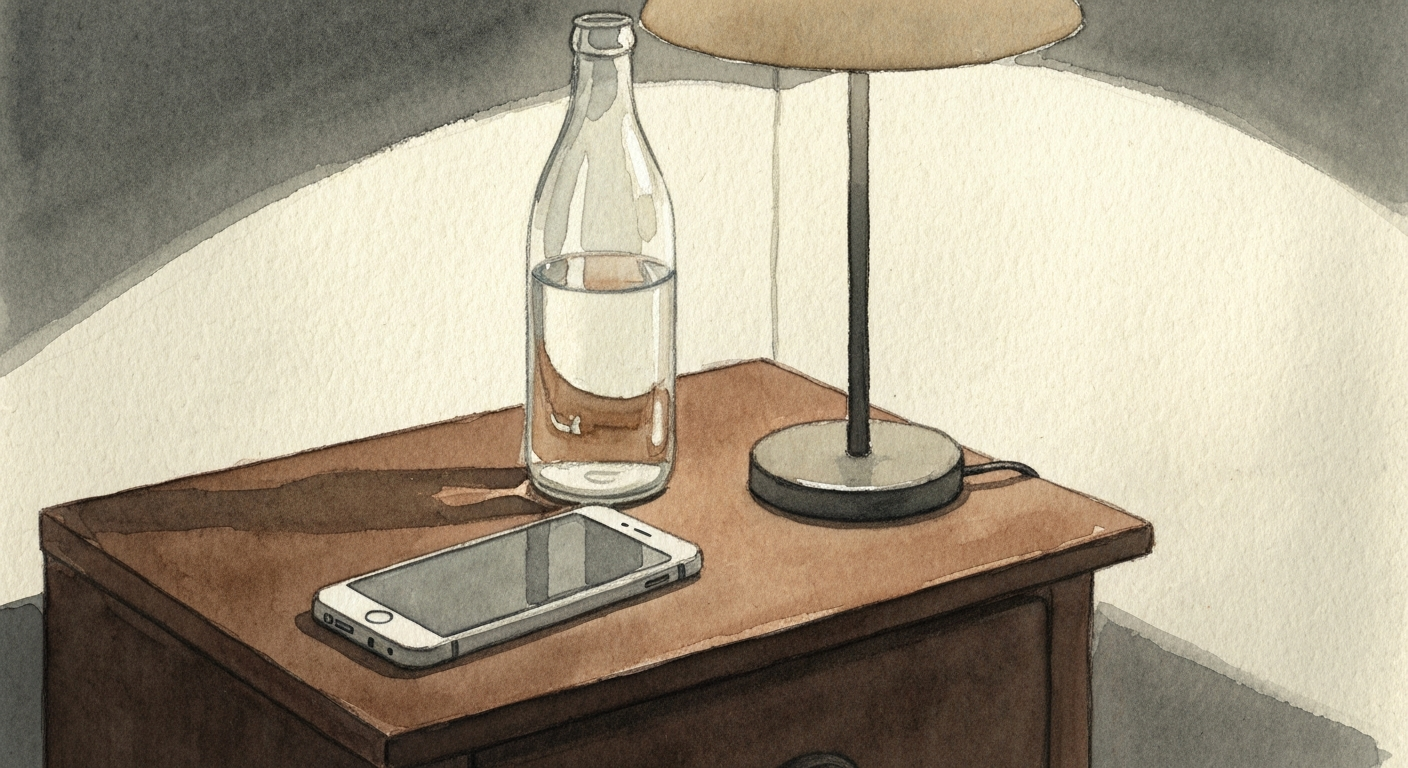 Ein Handy auf einem Nachttisch, das Display dunkel, daneben eine halbleere Wasserflasche