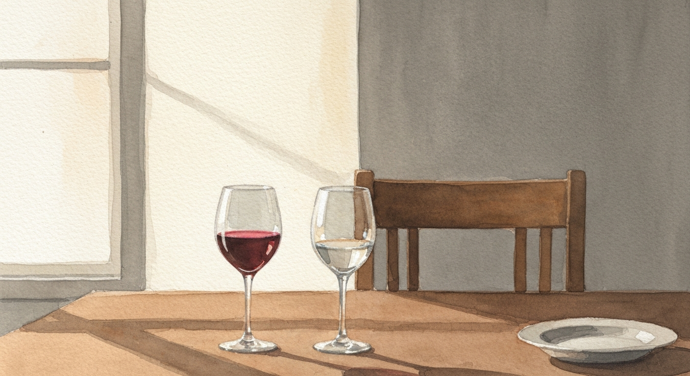 Ein halb aufgedeckter Tisch, zwei Weingläser, eines noch halbvoll