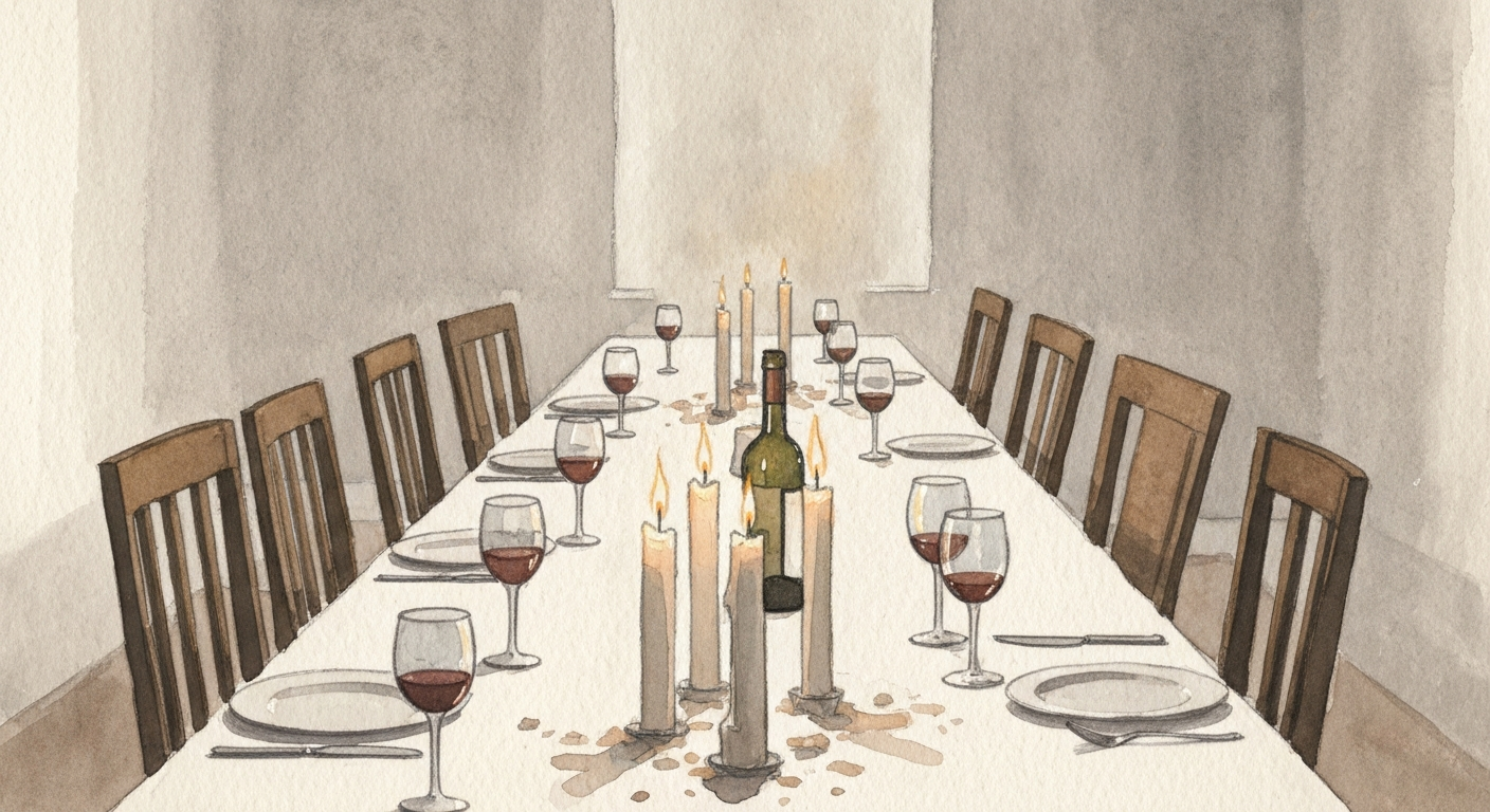 Ein gedeckter Esstisch mit Kerzen, leere Gläser, niemand sitzt daran