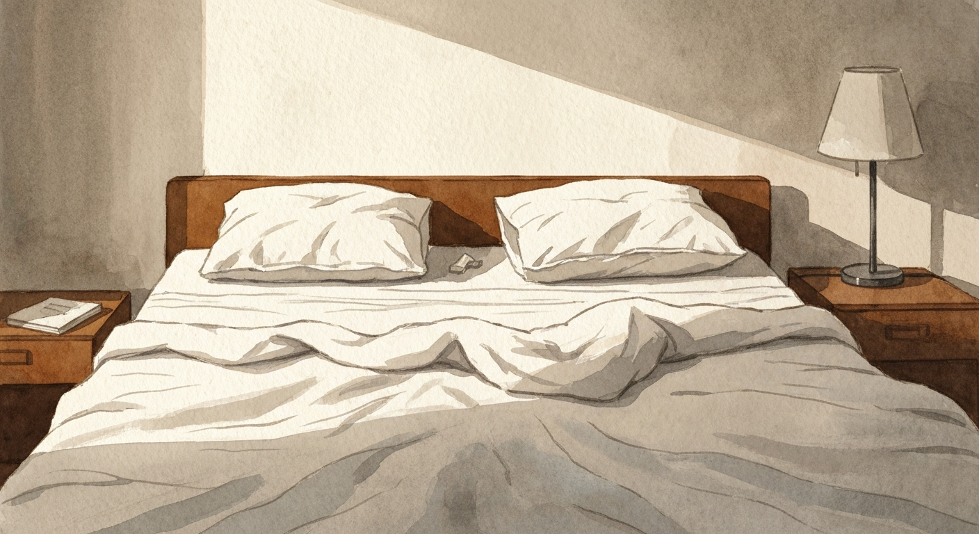 Ein Doppelbett im Morgenlicht, zwei gebrauchte Kopfkissen, eine einzelne Leselampe