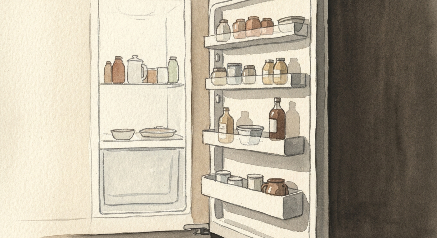 Eine halb geöffnete Kühlschranktür in einer stillen Küche am Abend