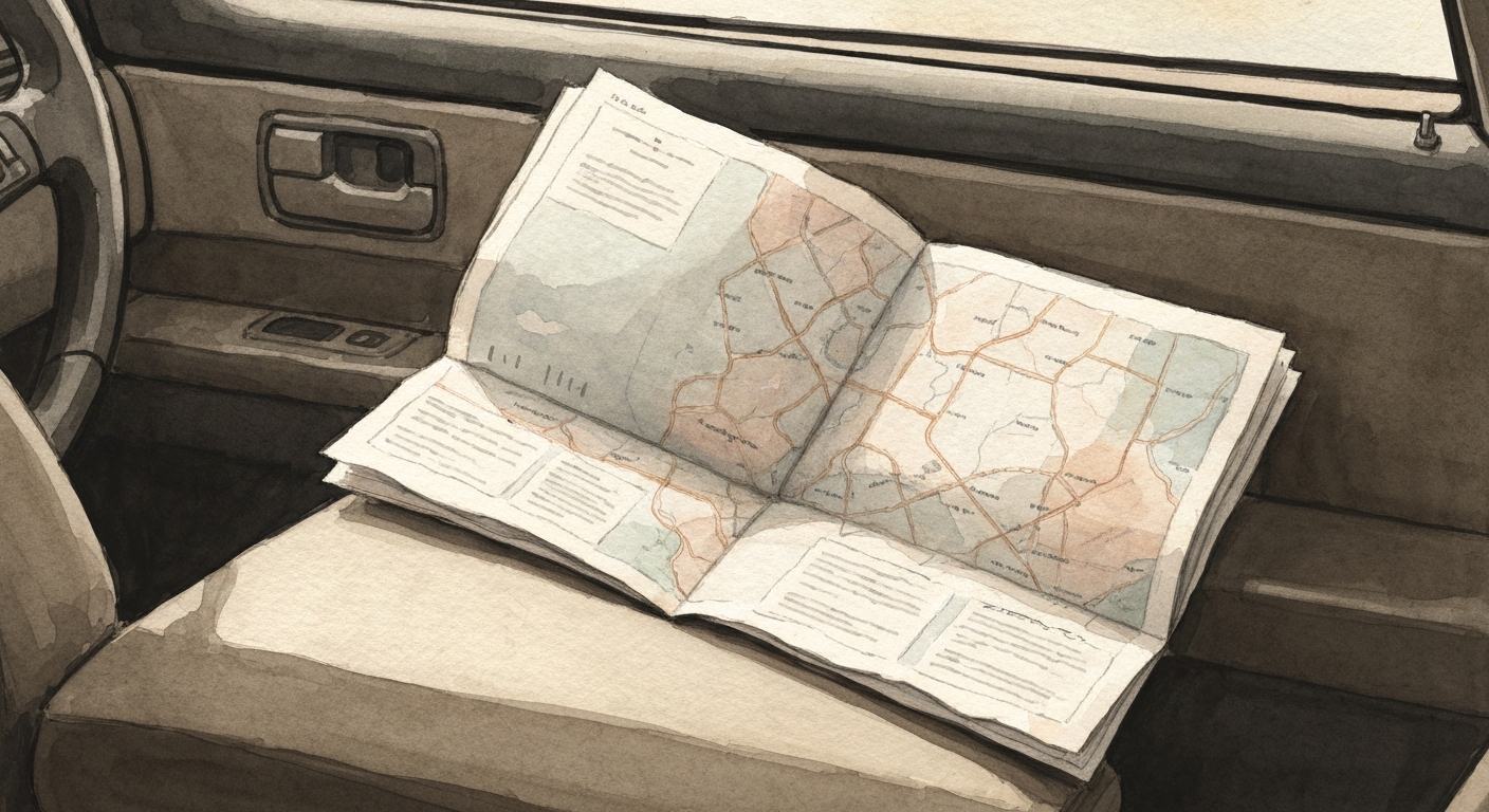 Eine aufgeklappte Landkarte auf dem Beifahrersitz, die Sonne tief