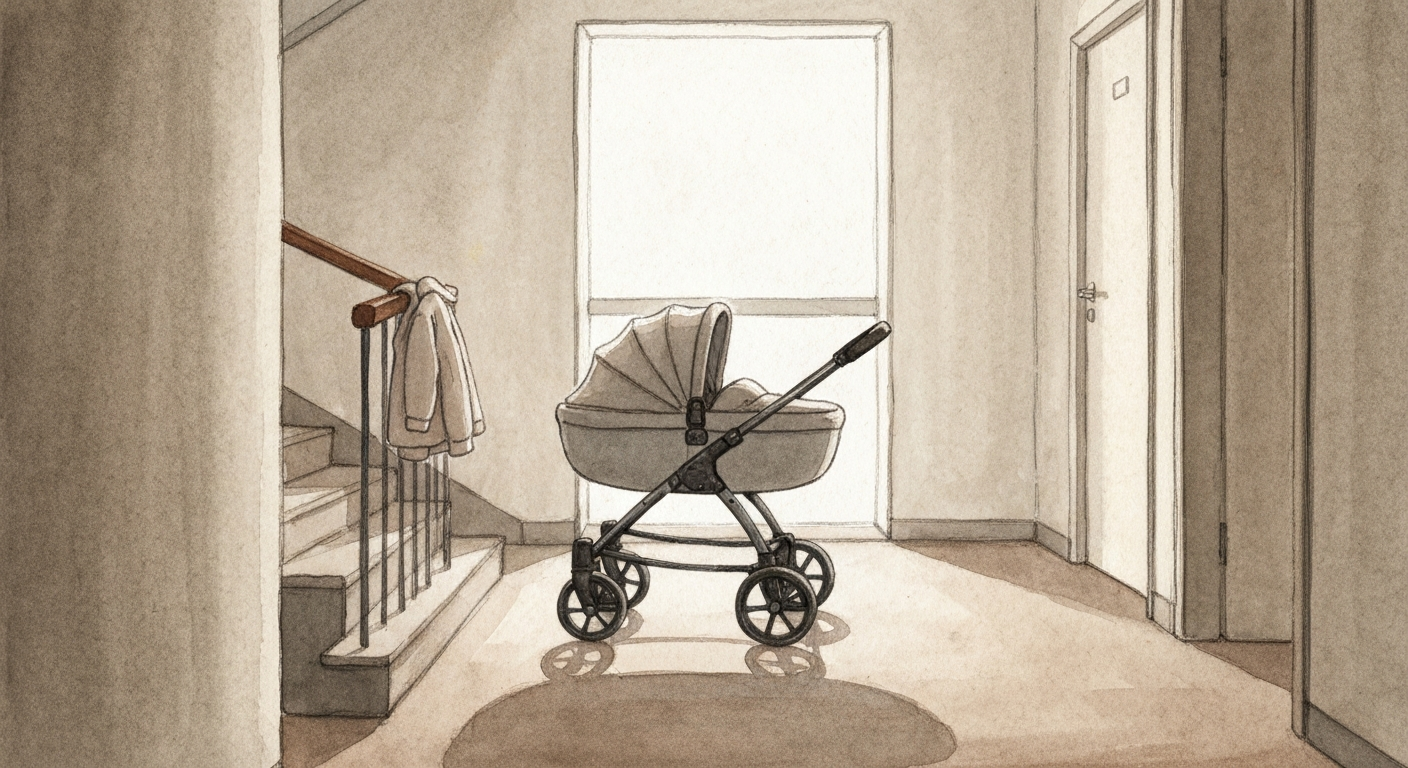 Ein Kinderwagen in einem Flur, daneben eine Jacke über dem Geländer