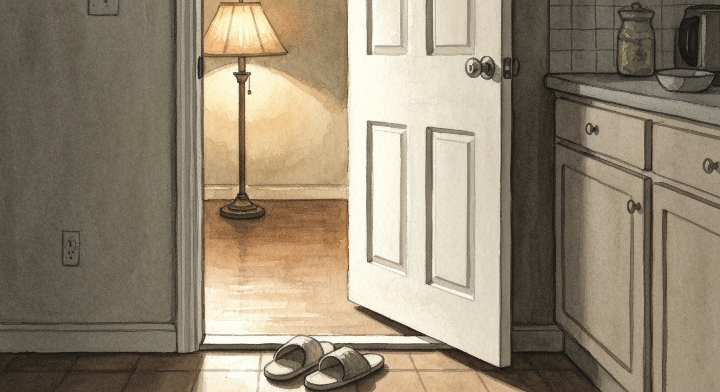 Eine halb offene Küchentür am Abend, Licht fällt in den Flur