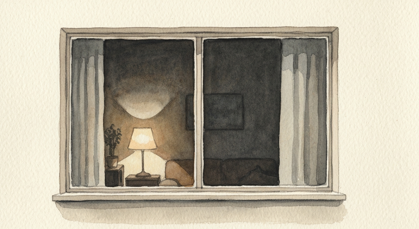 Ein Wohnzimmerfenster bei Nacht, drinnen eine einzelne Tischlampe