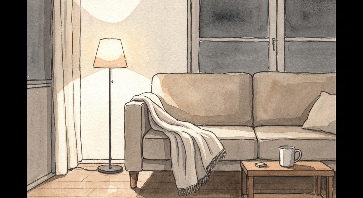 Ein leeres Wohnzimmer mit einer Wolldecke über der Sofalehne, Lampe brennt noch