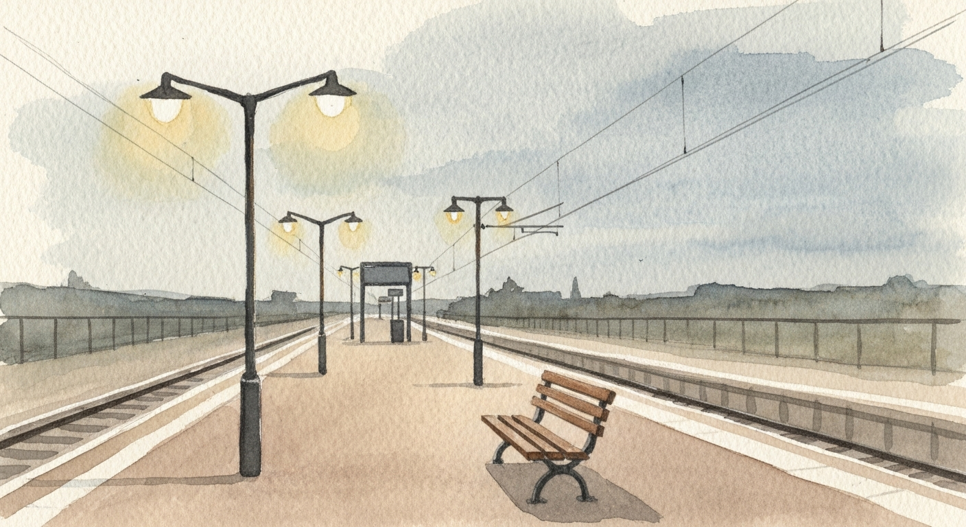 Ein Bahnsteig in Dämmerung, eine leere Bank, warme Straßenbeleuchtung