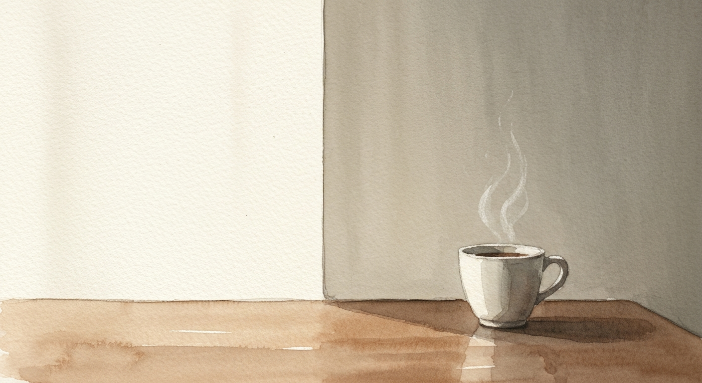 Eine Kaffeetasse im Morgenlicht auf einem hölzernen Tisch