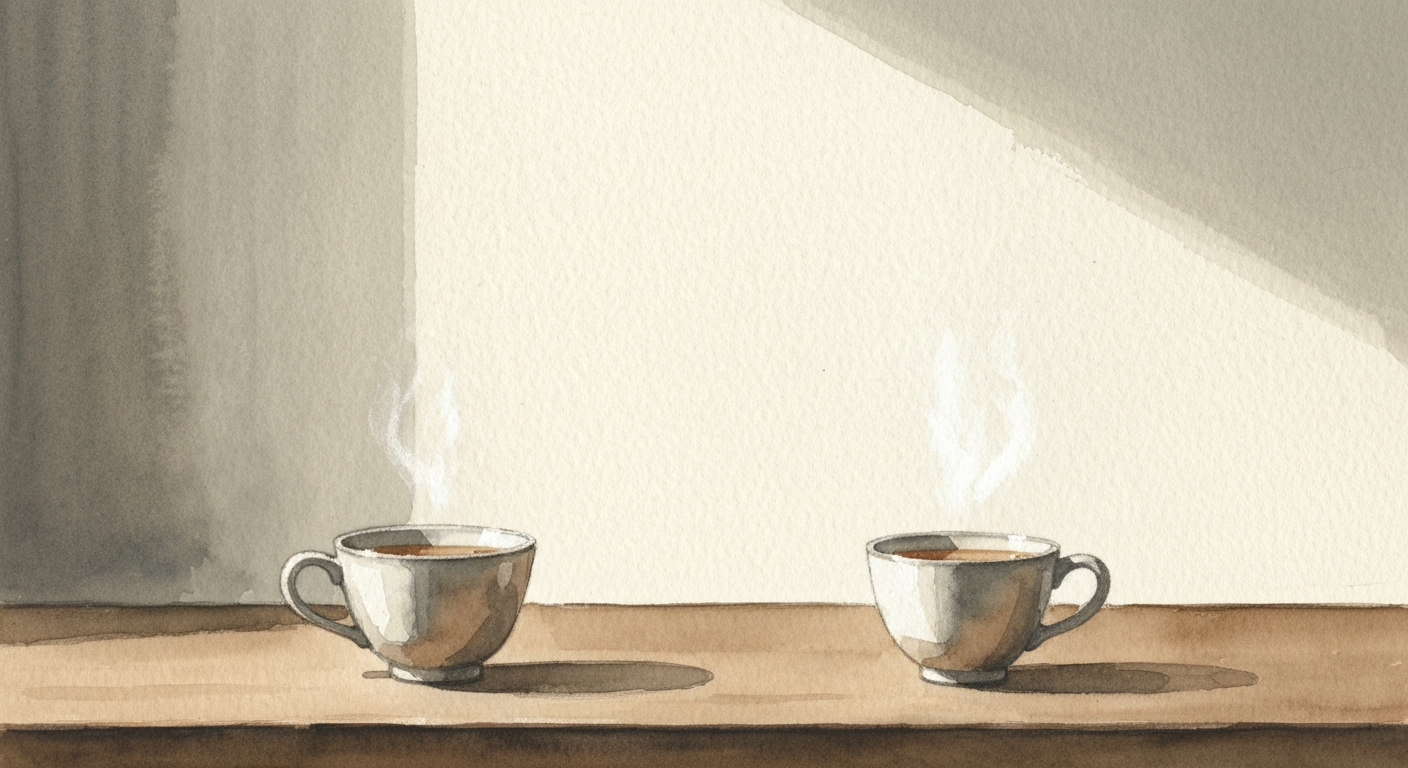 Zwei Tassen Tee, einander zugewandt, ohne Menschen