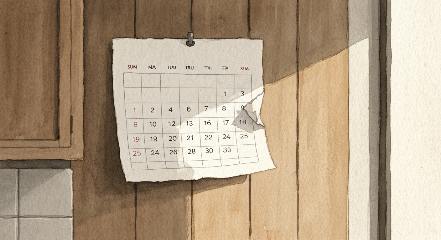 Ein Kalender an der Wand, ein Monatsblatt halb abgerissen