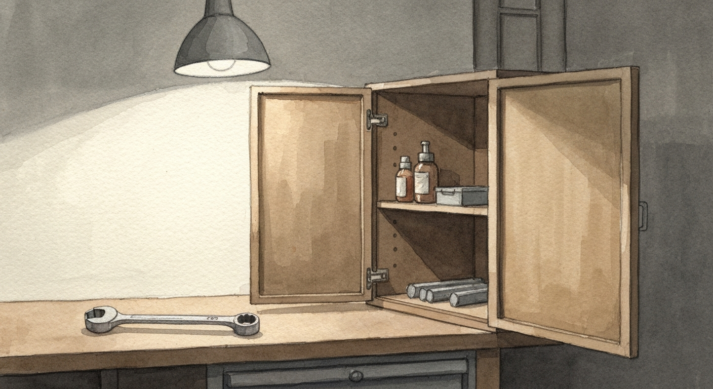 Ein Werkzeugschrank in einer Garage, eine Hand legt einen Schraubenschlüssel ab