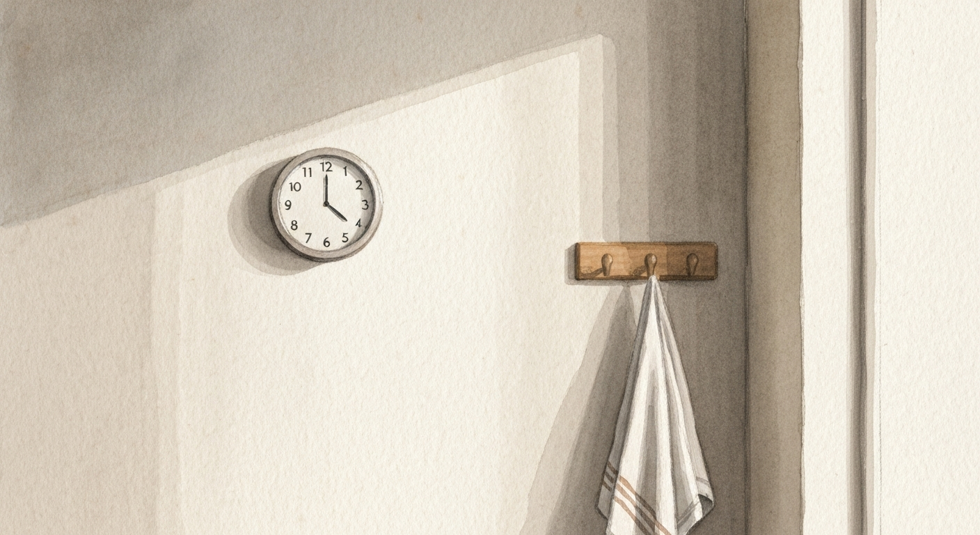 Eine Küchenuhr an der Wand, daneben ein Handtuch über dem Haken