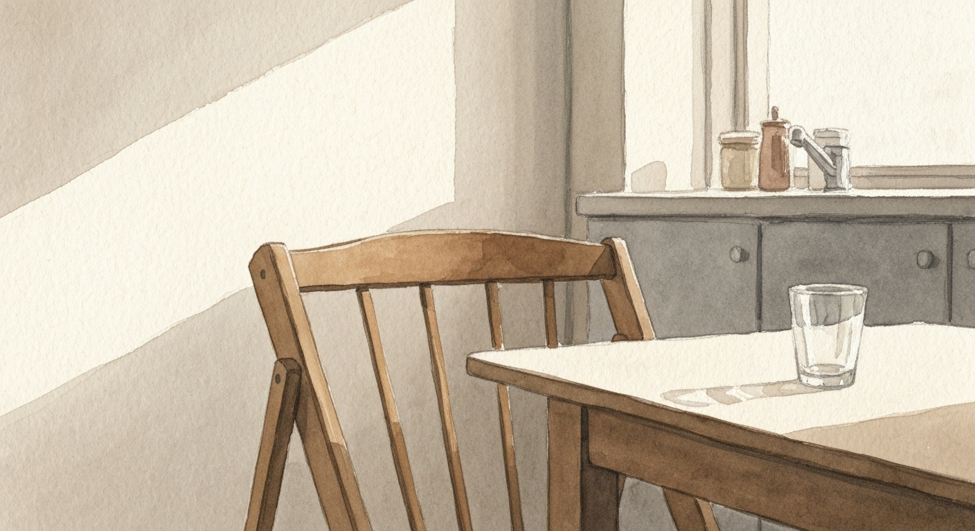 Ein Kinderstuhl am Küchentisch, auf dem Tisch ein halb ausgetrunkenes Glas