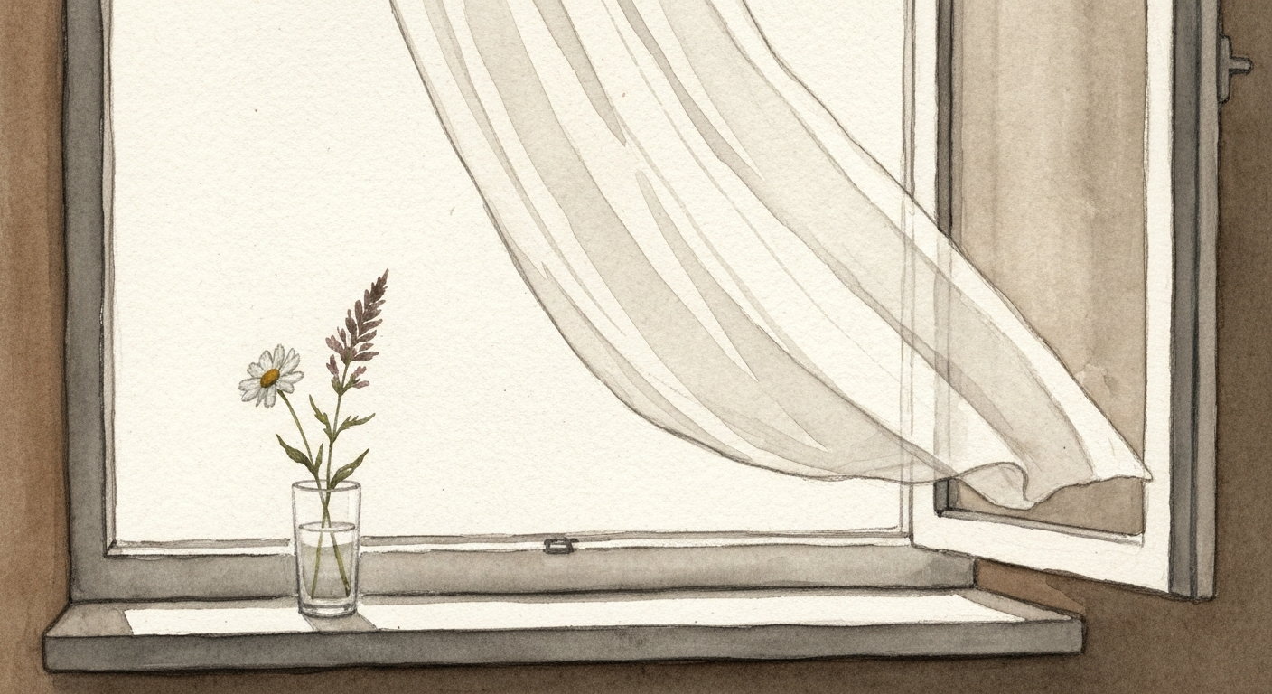 Ein geöffnetes Fenster im Sommer, ein Vorhang bewegt sich leicht im Wind